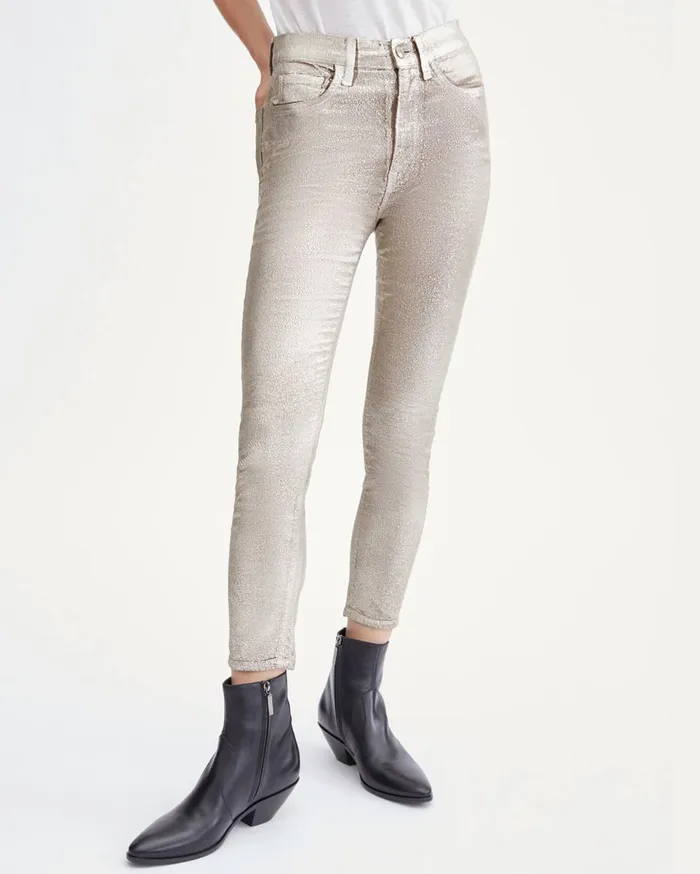 7 For All Mankind Pants High Waist Velvet Ankle Skinny In Metallic Gold Metallic Gold 8211 Women