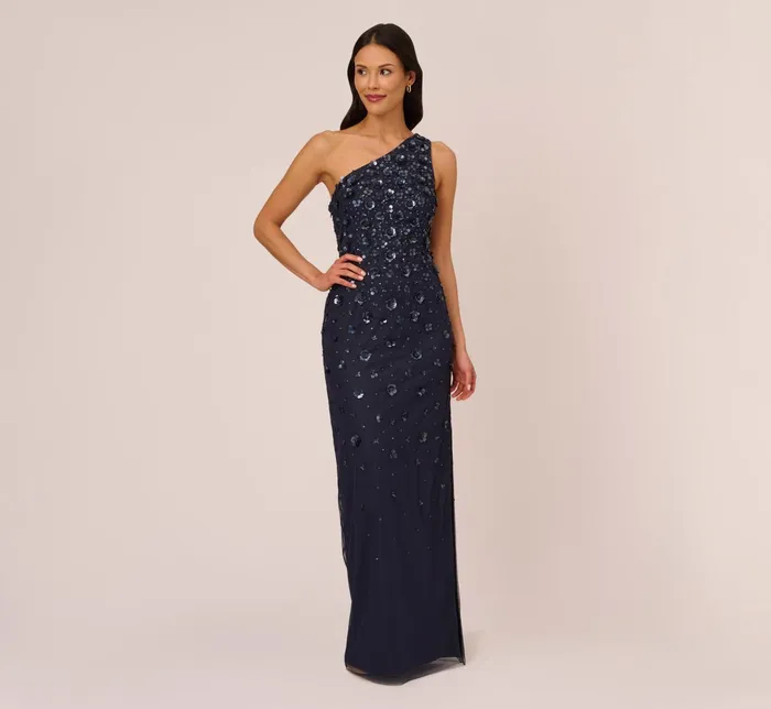 Adrianna Papell 3D Floral HandBeaded OneShoulder Long Column Gown In Dusty Navy Dusty Navy Women Floral Dresses Adrianna Papell 3D Floral HandBeaded OneShoulder Long Column Gown In Dusty Navy Dusty Navy Women Floral Dresses
