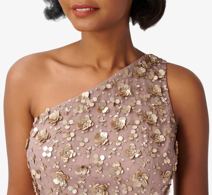 Adrianna Papell 3D Floral HandBeaded OneShoulder Long Column Gown In Dusty Navy Dusty Navy Women Floral Dresses Adrianna Papell 3D Floral HandBeaded OneShoulder Long Column Gown In Dusty Navy Dusty Navy Women Floral Dresses