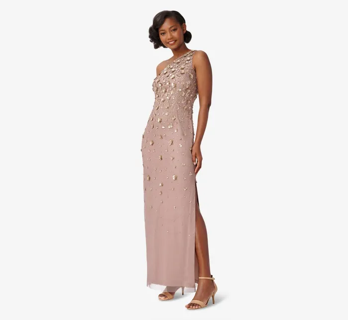 Adrianna Papell 3D Floral HandBeaded OneShoulder Long Column Gown In Dusty Navy Dusty Navy Women Floral Dresses Adrianna Papell 3D Floral HandBeaded OneShoulder Long Column Gown In Dusty Navy Dusty Navy Women Floral Dresses