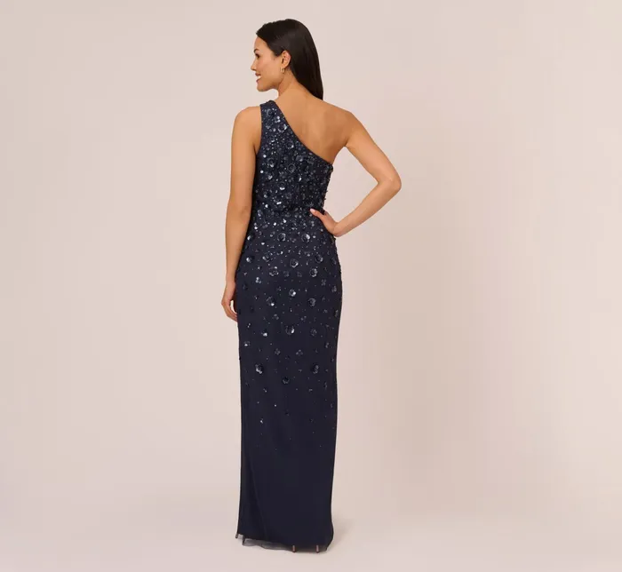 Adrianna Papell 3D Floral HandBeaded OneShoulder Long Column Gown In Dusty Navy Dusty Navy Women Floral Dresses Adrianna Papell 3D Floral HandBeaded OneShoulder Long Column Gown In Dusty Navy Dusty Navy Women Floral Dresses