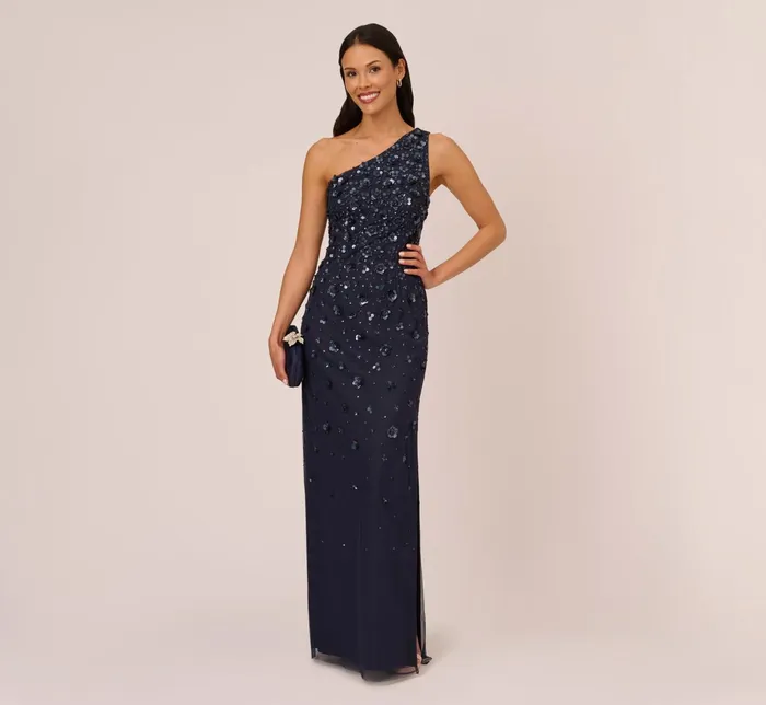 Adrianna Papell 3D Floral HandBeaded OneShoulder Long Column Gown In Dusty Navy Dusty Navy Women Floral Dresses Adrianna Papell 3D Floral HandBeaded OneShoulder Long Column Gown In Dusty Navy Dusty Navy Women Floral Dresses