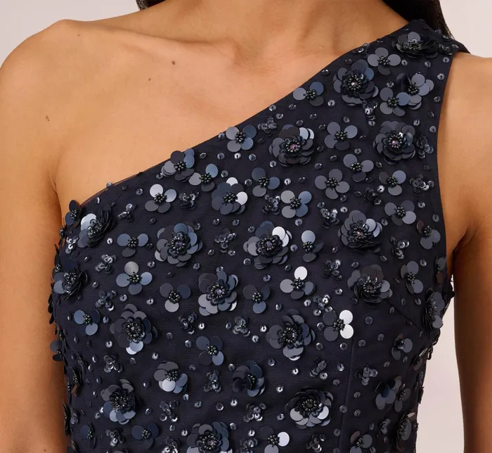Adrianna Papell 3D Floral HandBeaded OneShoulder Long Column Gown In Dusty Navy Dusty Navy Women Floral Dresses Adrianna Papell 3D Floral HandBeaded OneShoulder Long Column Gown In Dusty Navy Dusty Navy Women Floral Dresses