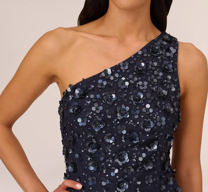 Adrianna Papell 3D Floral HandBeaded OneShoulder Long Column Gown In Dusty Navy Dusty Navy Women Floral Dresses Adrianna Papell 3D Floral HandBeaded OneShoulder Long Column Gown In Dusty Navy Dusty Navy Women Floral Dresses