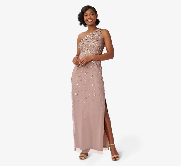 Adrianna Papell 3D Floral HandBeaded OneShoulder Long Column Gown In Dusty Navy Dusty Navy Women Floral Dresses Adrianna Papell 3D Floral HandBeaded OneShoulder Long Column Gown In Dusty Navy Dusty Navy Women Floral Dresses