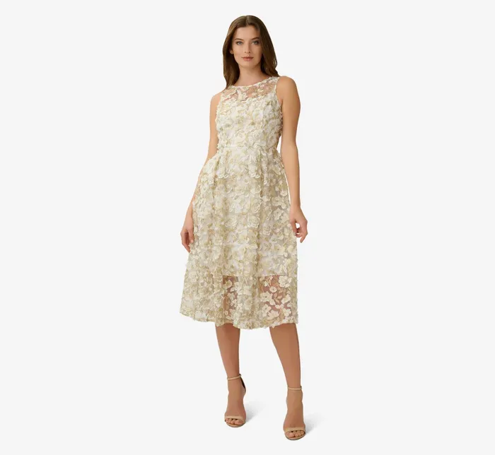 Adrianna Papell 3D Floral Metallic Lace Fit And Flare Midi Dress With Sheer Details In Ivory Gold IvoryGold Women Day Dresses Adrianna Papell 3D Floral Metallic Lace Fit And Flare Midi Dress With Sheer Details In Ivory Gold IvoryGold Women Day Dresses