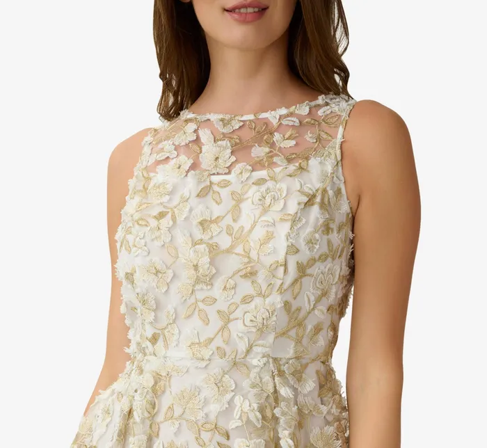 Adrianna Papell 3D Floral Metallic Lace Fit And Flare Midi Dress With Sheer Details In Ivory Gold IvoryGold Women Day Dresses Adrianna Papell 3D Floral Metallic Lace Fit And Flare Midi Dress With Sheer Details In Ivory Gold IvoryGold Women Day Dresses