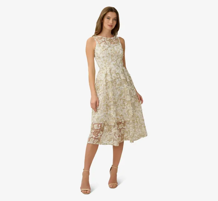 Adrianna Papell 3D Floral Metallic Lace Fit And Flare Midi Dress With Sheer Details In Ivory Gold IvoryGold Women Day Dresses Adrianna Papell 3D Floral Metallic Lace Fit And Flare Midi Dress With Sheer Details In Ivory Gold IvoryGold Women Day Dresses