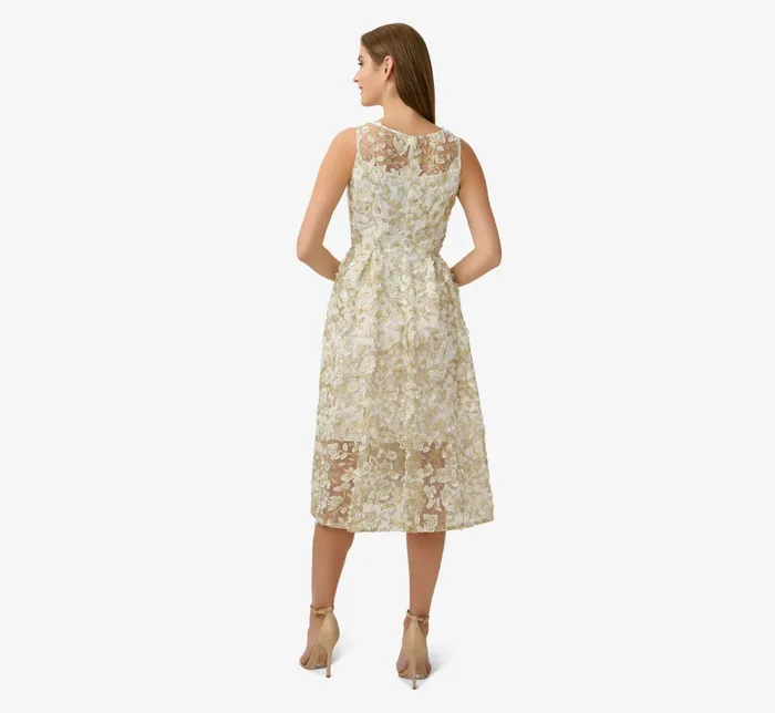 Adrianna Papell 3D Floral Metallic Lace Fit And Flare Midi Dress With Sheer Details In Ivory Gold IvoryGold Women Day Dresses Adrianna Papell 3D Floral Metallic Lace Fit And Flare Midi Dress With Sheer Details In Ivory Gold IvoryGold Women Day Dresses