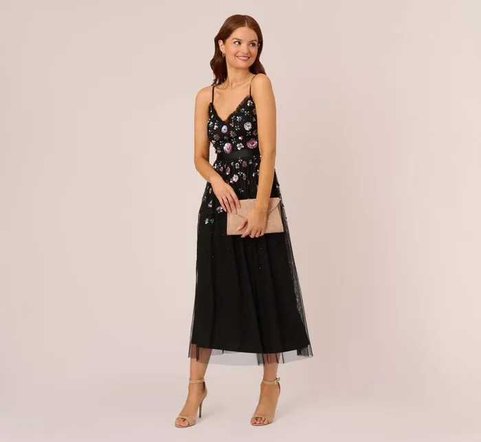 Adrianna Papell AnkleLength Gown With Multicolor Floral Beading In Black Multi Black Multi Women Floral Dresses Adrianna Papell AnkleLength Gown With Multicolor Floral Beading In Black Multi Black Multi Women Floral Dresses