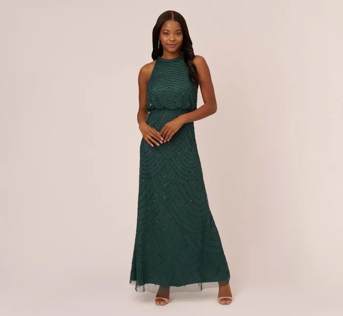 Adrianna Papell Art Deco Beaded Blouson Dress With Halter Neckline In Dusty Emerald Dusty Emerald Women Long Dresses Adrianna Papell Art Deco Beaded Blouson Dress With Halter Neckline In Dusty Emerald Dusty Emerald Women Long Dresses