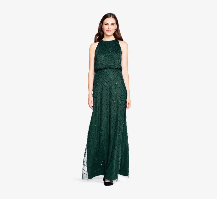 Adrianna Papell Art Deco Beaded Blouson Dress With Halter Neckline In Dusty Emerald Dusty Emerald Women Long Dresses Adrianna Papell Art Deco Beaded Blouson Dress With Halter Neckline In Dusty Emerald Dusty Emerald Women Long Dresses