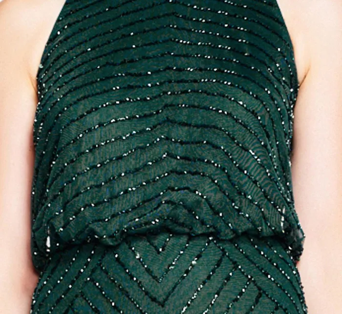 Adrianna Papell Art Deco Beaded Blouson Dress With Halter Neckline In Dusty Emerald Dusty Emerald Women Long Dresses Adrianna Papell Art Deco Beaded Blouson Dress With Halter Neckline In Dusty Emerald Dusty Emerald Women Long Dresses