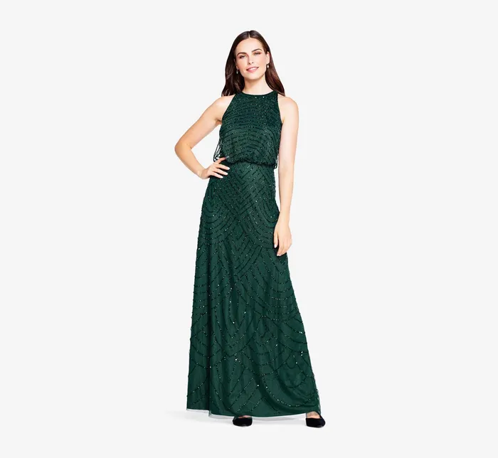 Adrianna Papell Art Deco Beaded Blouson Dress With Halter Neckline In Dusty Emerald Dusty Emerald Women Long Dresses Adrianna Papell Art Deco Beaded Blouson Dress With Halter Neckline In Dusty Emerald Dusty Emerald Women Long Dresses