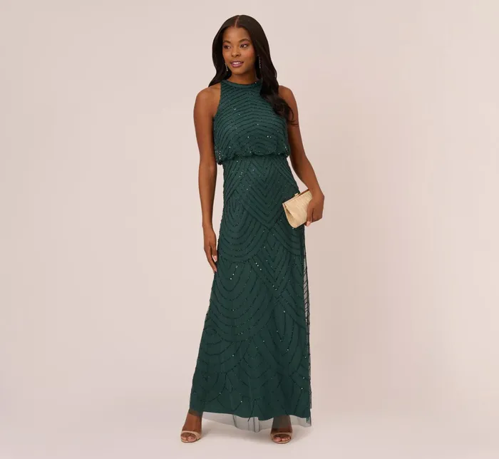 Adrianna Papell Art Deco Beaded Blouson Dress With Halter Neckline In Dusty Emerald Dusty Emerald Women Long Dresses Adrianna Papell Art Deco Beaded Blouson Dress With Halter Neckline In Dusty Emerald Dusty Emerald Women Long Dresses