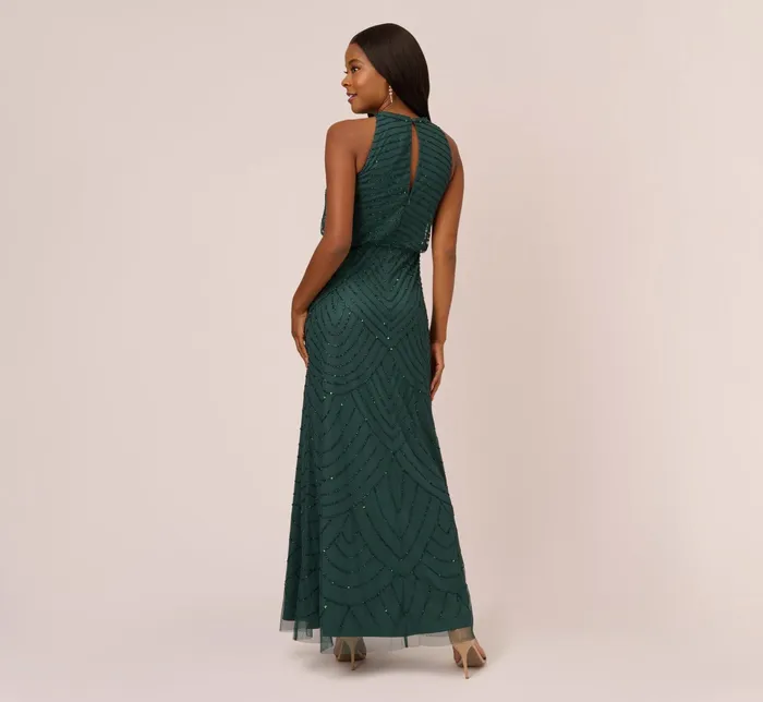 Adrianna Papell Art Deco Beaded Blouson Dress With Halter Neckline In Dusty Emerald Dusty Emerald Women Long Dresses Adrianna Papell Art Deco Beaded Blouson Dress With Halter Neckline In Dusty Emerald Dusty Emerald Women Long Dresses