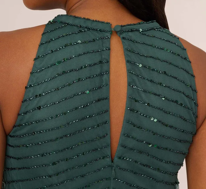 Adrianna Papell Art Deco Beaded Blouson Dress With Halter Neckline In Dusty Emerald Dusty Emerald Women Long Dresses Adrianna Papell Art Deco Beaded Blouson Dress With Halter Neckline In Dusty Emerald Dusty Emerald Women Long Dresses