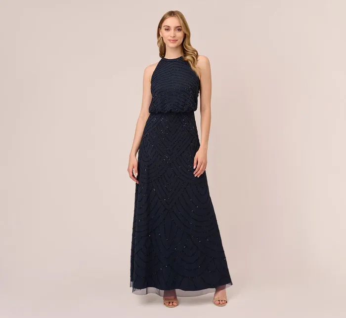 Adrianna Papell Art Deco Beaded Blouson Dress With Halter Neckline In Navy Black NavyBlack Women Long Dresses Adrianna Papell Art Deco Beaded Blouson Dress With Halter Neckline In Navy Black NavyBlack Women Long Dresses