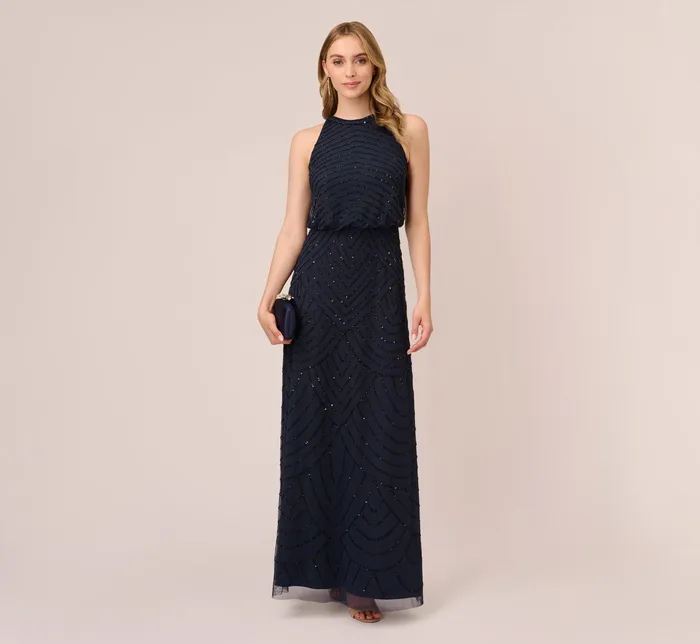 Adrianna Papell Art Deco Beaded Blouson Dress With Halter Neckline In Navy Black NavyBlack Women Long Dresses Adrianna Papell Art Deco Beaded Blouson Dress With Halter Neckline In Navy Black NavyBlack Women Long Dresses