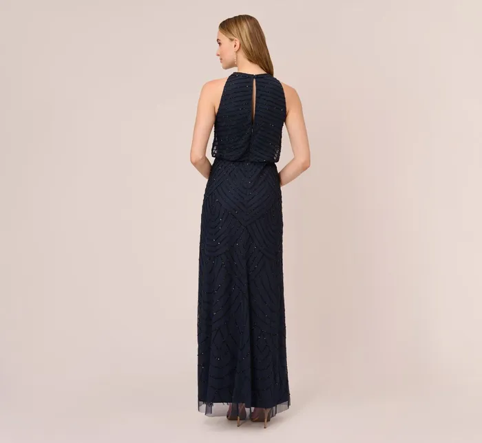Adrianna Papell Art Deco Beaded Blouson Dress With Halter Neckline In Navy Black NavyBlack Women Long Dresses Adrianna Papell Art Deco Beaded Blouson Dress With Halter Neckline In Navy Black NavyBlack Women Long Dresses