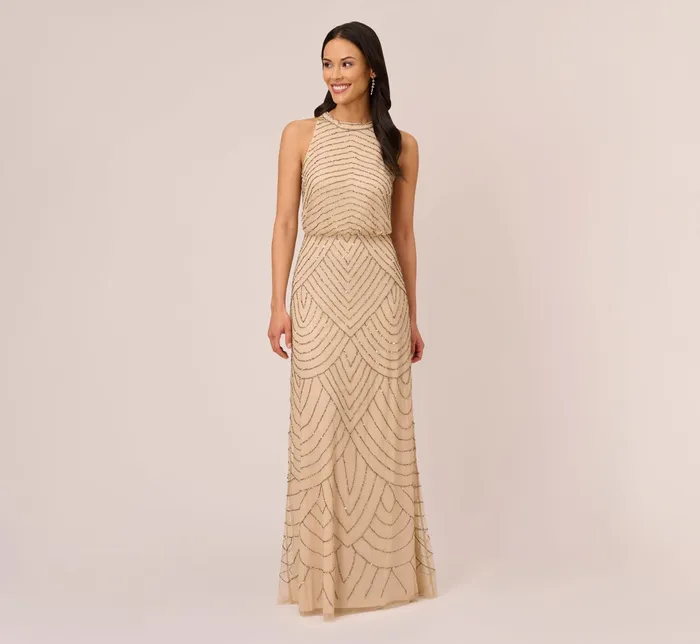 Adrianna Papell Art Deco Beaded Blouson Dress With Halter Neckline In Nude Nude Women Formal Dresses Adrianna Papell Art Deco Beaded Blouson Dress With Halter Neckline In Nude Nude Women Formal Dresses