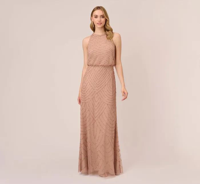 Adrianna Papell Art Deco Beaded Blouson Dress With Halter Neckline In Rose Gold Rose Gold Women Formal Dresses Adrianna Papell Art Deco Beaded Blouson Dress With Halter Neckline In Rose Gold Rose Gold Women Formal Dresses