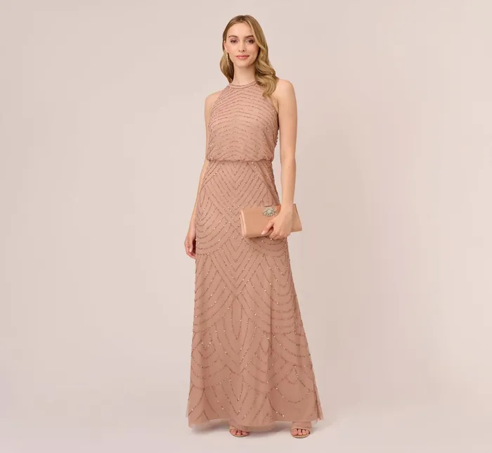 Adrianna Papell Art Deco Beaded Blouson Dress With Halter Neckline In Rose Gold Rose Gold Women Formal Dresses Adrianna Papell Art Deco Beaded Blouson Dress With Halter Neckline In Rose Gold Rose Gold Women Formal Dresses