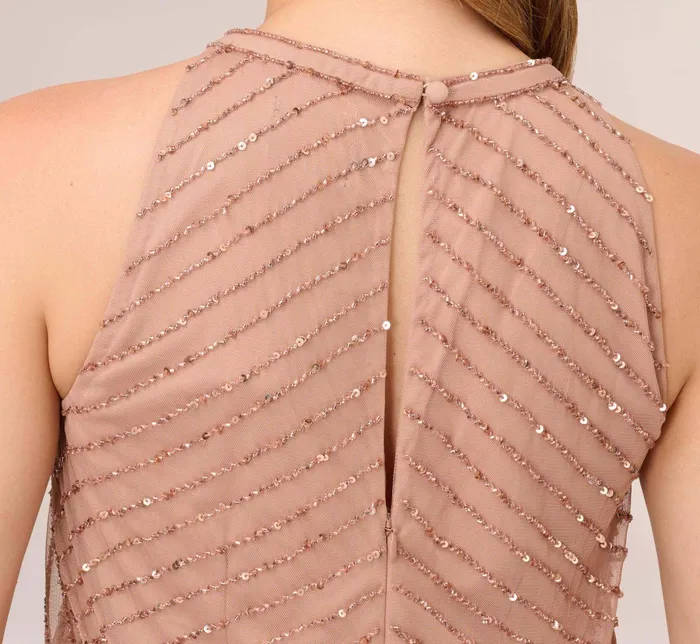 Adrianna Papell Art Deco Beaded Blouson Dress With Halter Neckline In Rose Gold Rose Gold Women Formal Dresses Adrianna Papell Art Deco Beaded Blouson Dress With Halter Neckline In Rose Gold Rose Gold Women Formal Dresses