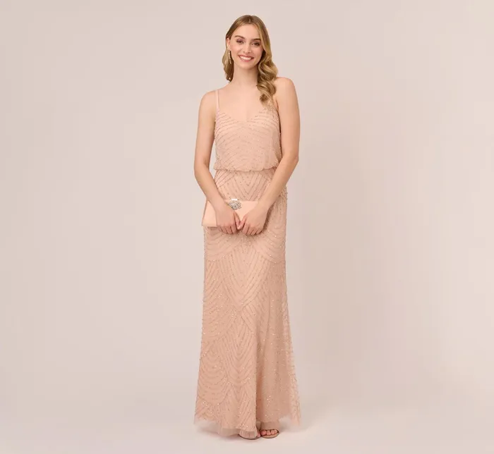 Adrianna Papell Art Deco Beaded Blouson Gown In Blush Blush Women Formal Dresses Adrianna Papell Art Deco Beaded Blouson Gown In Blush Blush Women Formal Dresses