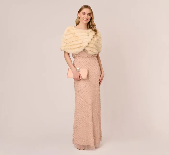 Adrianna Papell Art Deco Beaded Blouson Gown In Blush Blush Women Formal Dresses Adrianna Papell Art Deco Beaded Blouson Gown In Blush Blush Women Formal Dresses