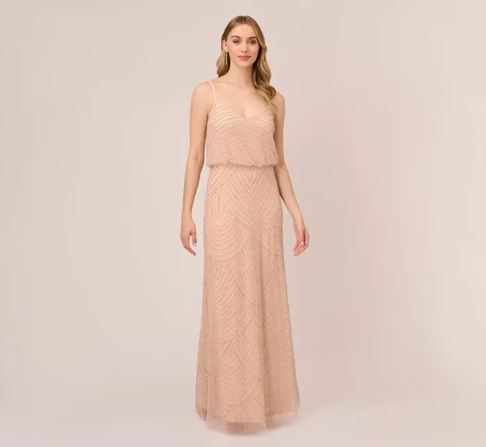 Adrianna Papell Art Deco Beaded Blouson Gown In Blush Blush Women Formal Dresses Adrianna Papell Art Deco Beaded Blouson Gown In Blush Blush Women Formal Dresses