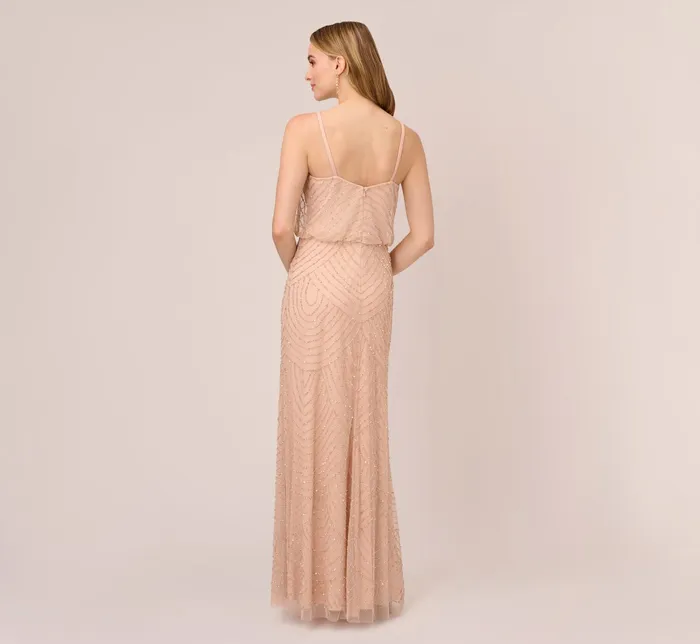Adrianna Papell Art Deco Beaded Blouson Gown In Blush Blush Women Formal Dresses Adrianna Papell Art Deco Beaded Blouson Gown In Blush Blush Women Formal Dresses