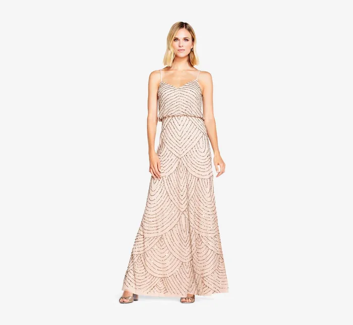Adrianna Papell Art Deco Beaded Blouson Gown In Taupe Pink TaupePink Women Long Dresses Adrianna Papell Art Deco Beaded Blouson Gown In Taupe Pink TaupePink Women Long Dresses