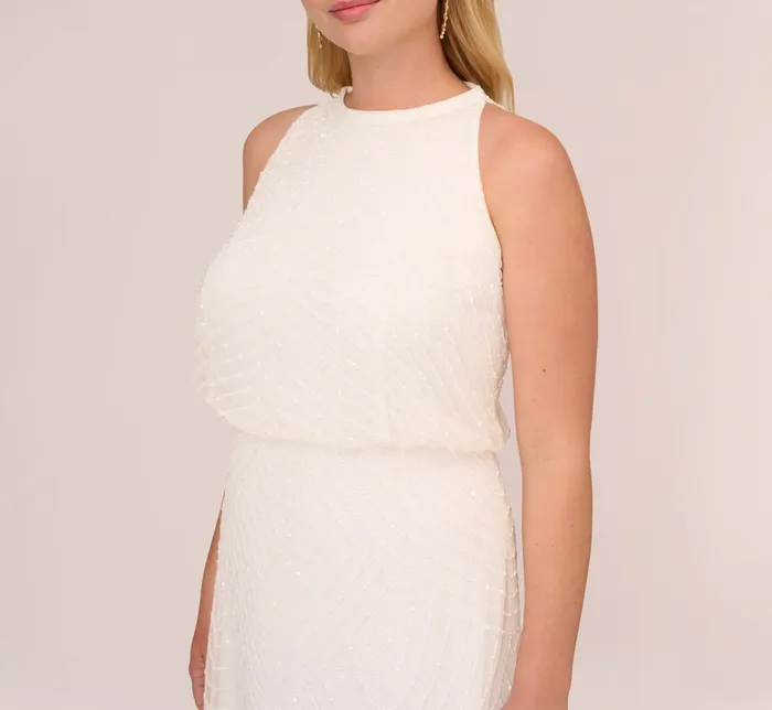 Adrianna Papell Art Deco Cocktail Dress With Halter Neck In Ivory Ivory Women Short Wedding Dresses Adrianna Papell Art Deco Cocktail Dress With Halter Neck In Ivory Ivory Women Short Wedding Dresses