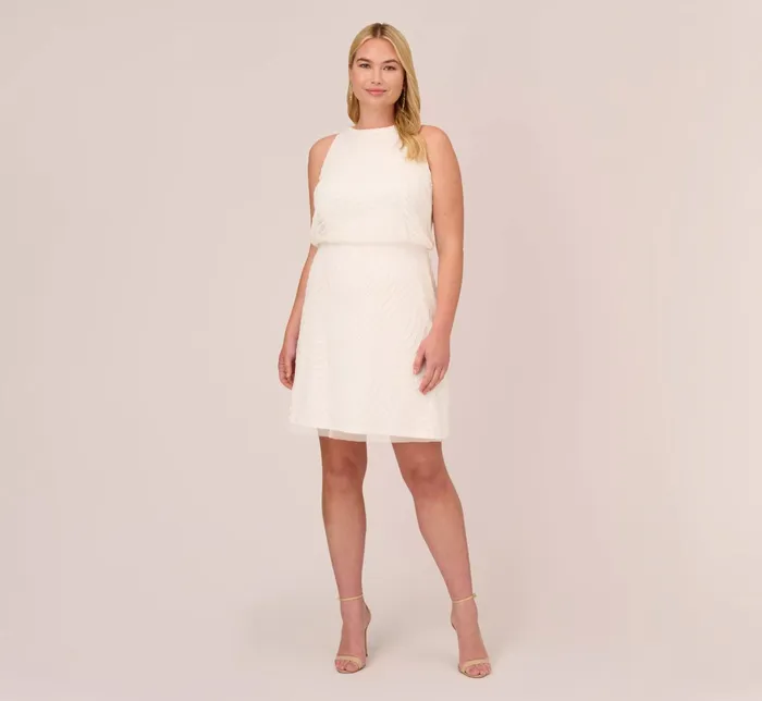 Adrianna Papell Art Deco Cocktail Dress With Halter Neck In Ivory Ivory Women Short Wedding Dresses Adrianna Papell Art Deco Cocktail Dress With Halter Neck In Ivory Ivory Women Short Wedding Dresses