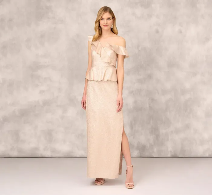 Adrianna Papell Asymmetrical Column Gown With Ruffle Details In Taupe Taupe Women Day Dresses