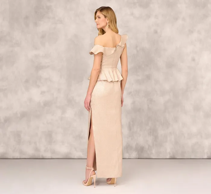 Adrianna Papell Asymmetrical Column Gown With Ruffle Details In Taupe Taupe Women Day Dresses Adrianna Papell Asymmetrical Column Gown With Ruffle Details In Taupe Taupe Women Day Dresses