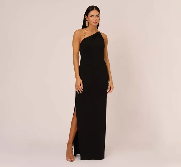 Adrianna Papell Asymmetrical Crepe Column Gown With Chain Straps In Black Black Women Day Dresses Adrianna Papell Asymmetrical Crepe Column Gown With Chain Straps In Black Black Women Day Dresses