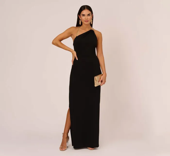 Adrianna Papell Asymmetrical Crepe Column Gown With Chain Straps In Black Black Women Day Dresses Adrianna Papell Asymmetrical Crepe Column Gown With Chain Straps In Black Black Women Day Dresses