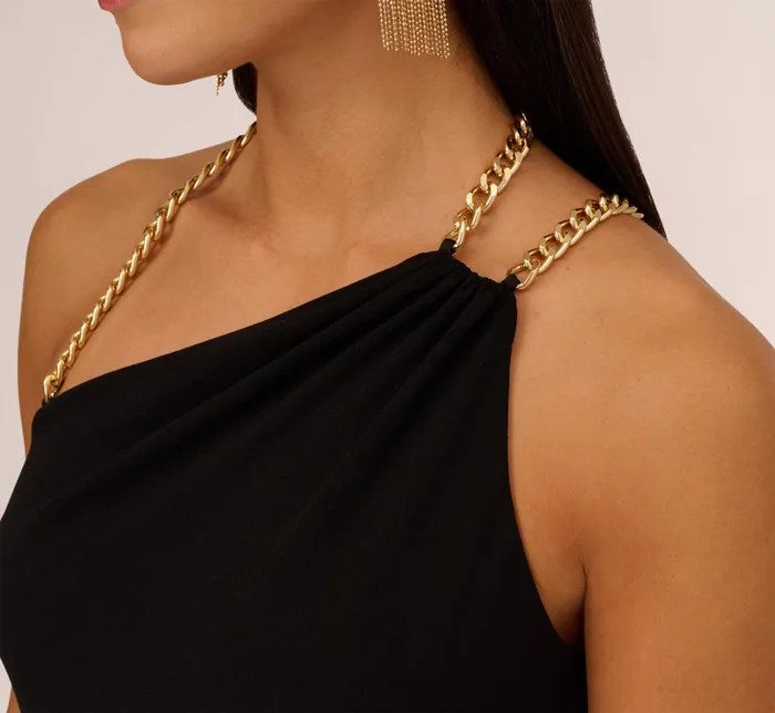 Adrianna Papell Asymmetrical Crepe Column Gown With Chain Straps In Black Black Women Day Dresses Adrianna Papell Asymmetrical Crepe Column Gown With Chain Straps In Black Black Women Day Dresses