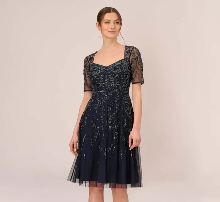 Adrianna Papell Beaded Midi Dress With Sheer Short Sleeves In Midnight Midnight Women Cocktail Dresses Adrianna Papell Beaded Midi Dress With Sheer Short Sleeves In Midnight Midnight Women Cocktail Dresses