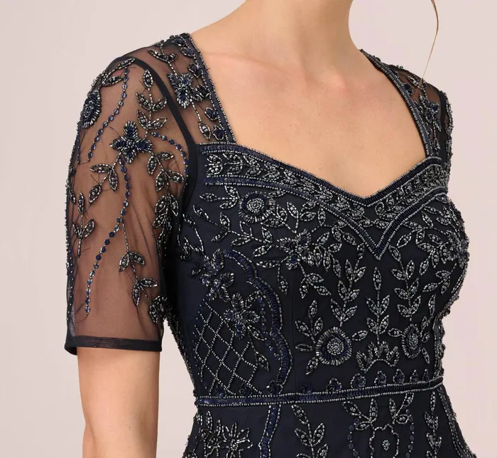 Adrianna Papell Beaded Midi Dress With Sheer Short Sleeves In Midnight Midnight Women Cocktail Dresses Adrianna Papell Beaded Midi Dress With Sheer Short Sleeves In Midnight Midnight Women Cocktail Dresses