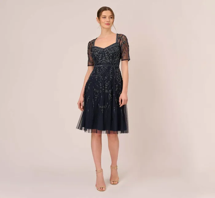 Adrianna Papell Beaded Midi Dress With Sheer Short Sleeves In Midnight Midnight Women Cocktail Dresses Adrianna Papell Beaded Midi Dress With Sheer Short Sleeves In Midnight Midnight Women Cocktail Dresses