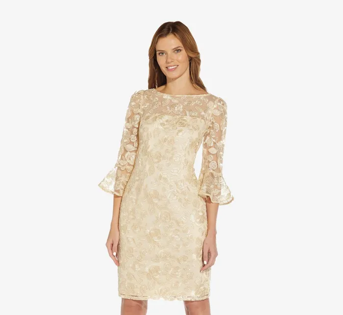 Adrianna Papell Bell Sleeve Rose Embroidered Sheath Dress In Light Champagne Light Champagne Women Day Dresses Adrianna Papell Bell Sleeve Rose Embroidered Sheath Dress In Light Champagne Light Champagne Women Day Dresses