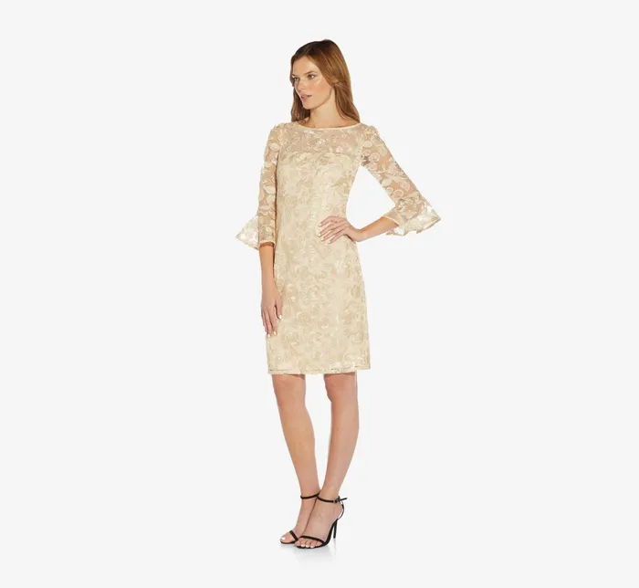 Adrianna Papell Bell Sleeve Rose Embroidered Sheath Dress In Light Champagne Light Champagne Women Day Dresses Adrianna Papell Bell Sleeve Rose Embroidered Sheath Dress In Light Champagne Light Champagne Women Day Dresses
