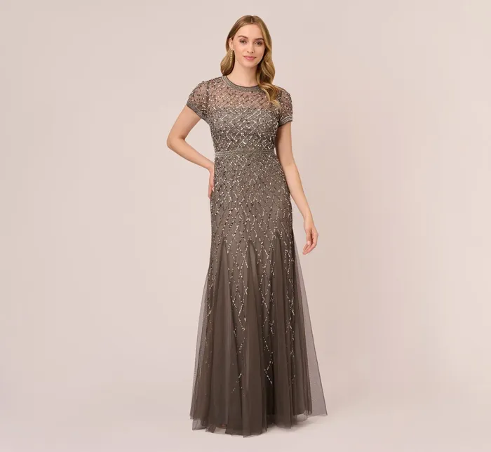 Adrianna Papell Cap Sleeve Beaded Gown In Lead Lead Women Long Dresses