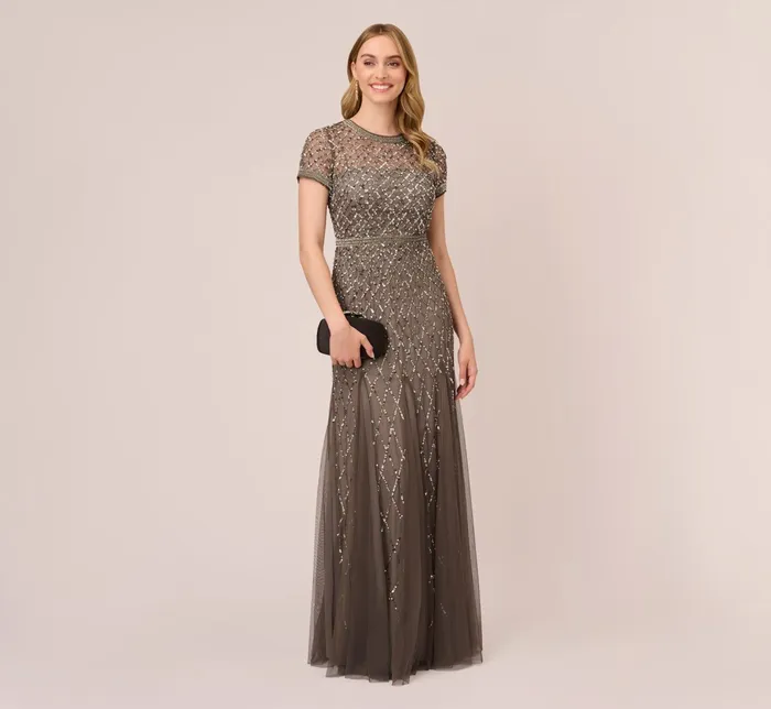 Adrianna Papell Cap Sleeve Beaded Gown In Lead Lead Women Long Dresses Adrianna Papell Cap Sleeve Beaded Gown In Lead Lead Women Long Dresses