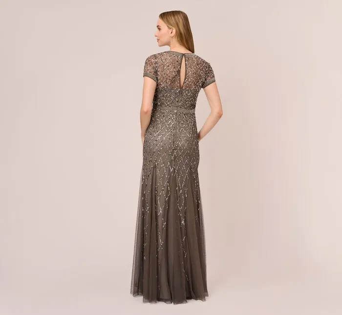 Adrianna Papell Cap Sleeve Beaded Gown In Lead Lead Women Long Dresses Adrianna Papell Cap Sleeve Beaded Gown In Lead Lead Women Long Dresses