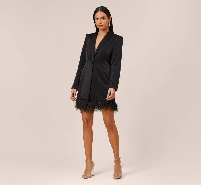 Adrianna Papell Charmeuse Tuxedo Short Sheath Cocktail Dress With Feather Trim In Black Black Women Day Dresses Adrianna Papell Charmeuse Tuxedo Short Sheath Cocktail Dress With Feather Trim In Black Black Women Day Dresses