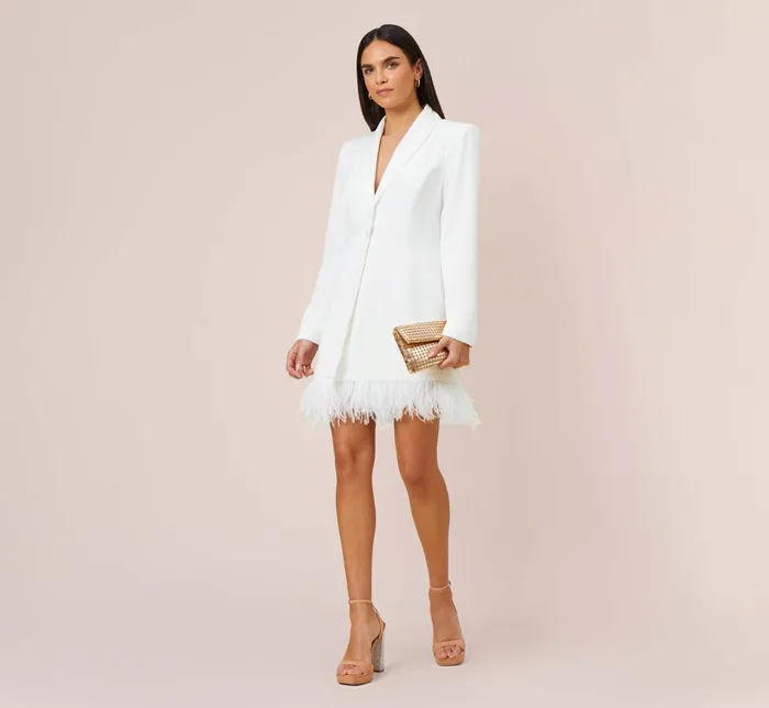 Adrianna Papell Charmeuse Tuxedo Short Sheath Cocktail Dress With Feather Trim In Ivory Ivory Women Short Dresses Adrianna Papell Charmeuse Tuxedo Short Sheath Cocktail Dress With Feather Trim In Ivory Ivory Women Short Dresses